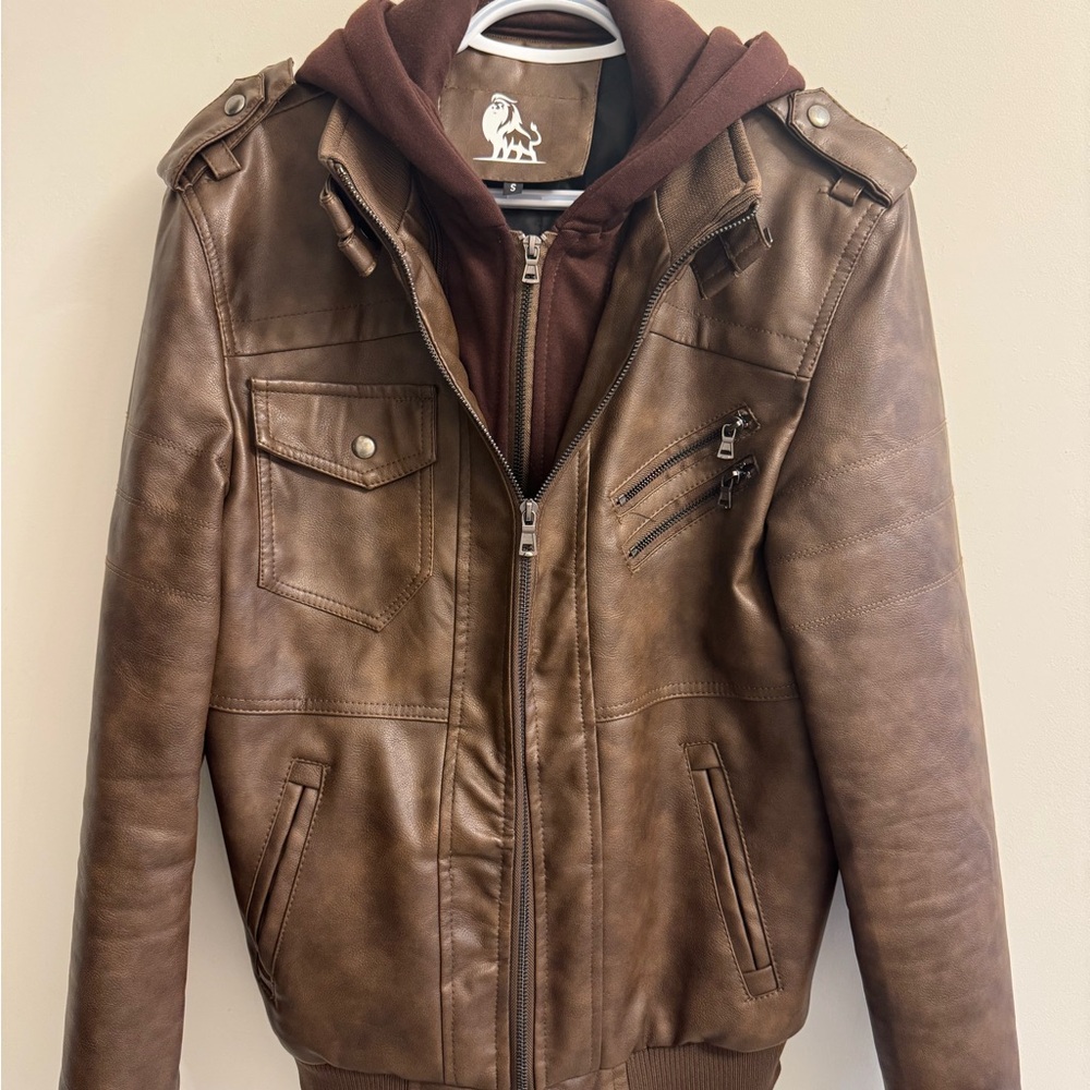 Men's Brown Faux Leather Hooded Jacket with Zipper Pockets - Unbranded